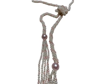 Naszyjnik z pereł lariat z dzianiny vintage, różowy kryształ, frędzle, sznurek do owijania