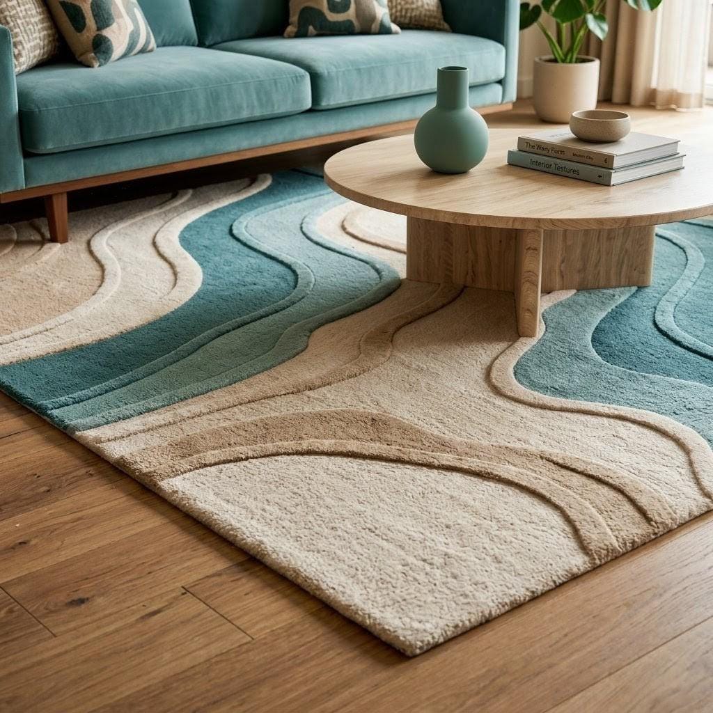 Abstract Wavy Wool Rug, Hand Tufted Modern Area Rug, Teal Beige Carpet ...