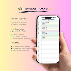 Rastreador de estado de ánimo digital para Google Sheets | Rastreador de estado de ánimo para smartphone y PC (alemán) | Diario emocional y plantilla de diario pixelado sin distracciones