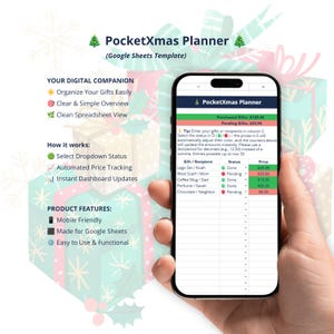 Könnte beinhalten: Ein Smartphone mit der Google Sheets-Vorlage PocketXmas Planner. Der Bildschirm zeigt eine Geschenke-Tracking-Tabelle mit Spalten für Empfänger, Status und Preis sowie automatisierte Summen für gekaufte und offene Geschenke.