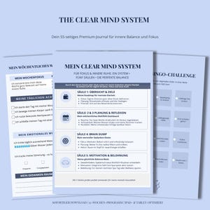Könnte beinhalten: Ein hellblauer digitaler Planer mit dem Titel THE CLEAR MIND SYSTEM, der Abschnitte für wöchentlichen Fokus, tägliche Achtsamkeit und ein Fünf-Säulen-System für mentale Klarheit enthält, inklusive Checklisten und einer Bingo-Challenge.