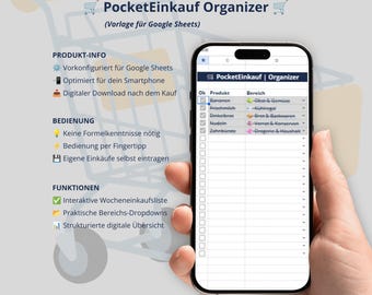 Könnte beinhalten: Ein Smartphone zeigt eine digitale Einkaufslisten-Tabelle mit dem Titel PocketEinkauf Organizer. Der Bildschirm enthält Spalten für Status-Kontrollkästchen, Produktnamen und Bereichs-Dropdowns sowie deutschen Text zu Produktinfos.