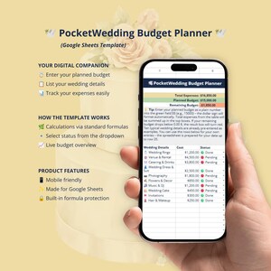 Könnte beinhalten: Eine digitale PocketWedding Budgetplaner Google Sheets Vorlage auf einem Smartphone-Bildschirm. Die Benutzeroberfläche zeigt eine Budgetübersicht, eine Ausgabentabelle mit Hochzeitsdetails, Kosten und Status-Dropdown-Menüs sowie Funktionslisten.