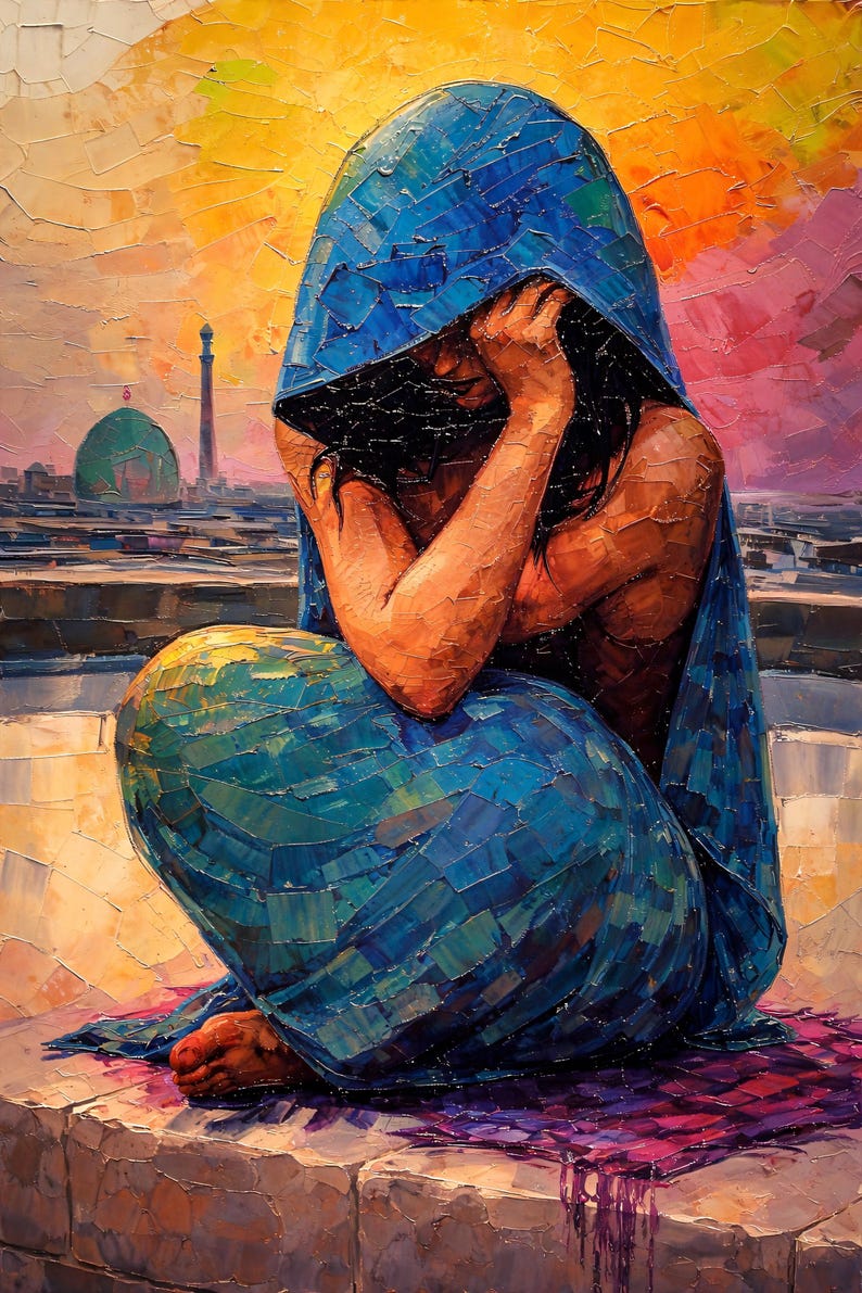 Sad Woman Wall Art Set of 3, Blue Veil Woman Painting, Emotional ...