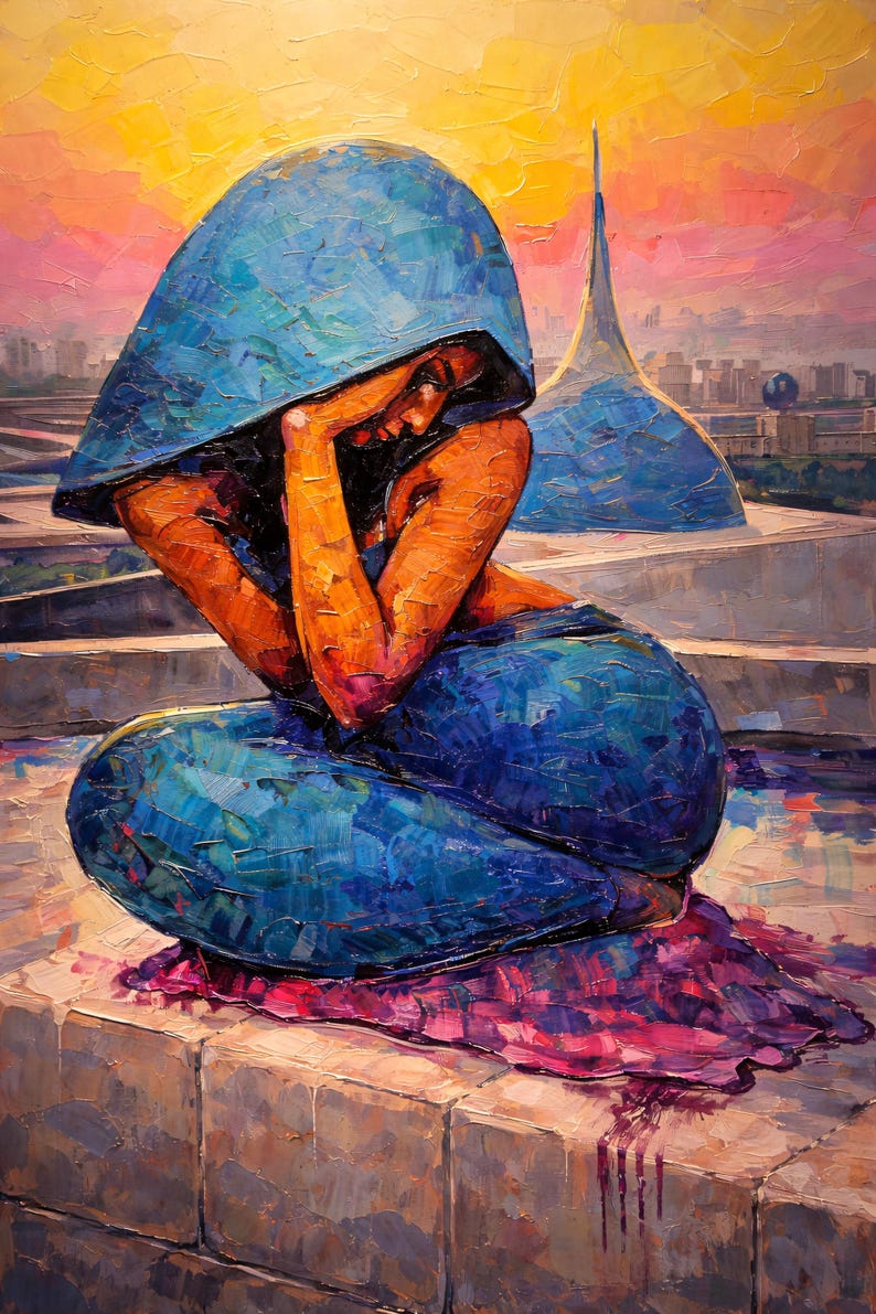 Sad Woman Wall Art Set of 3, Blue Veil Woman Painting, Emotional ...