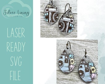 Floral Vintage Camera Laser Earring File-Set of 4-SVG-File ONLY-Commercial Use
