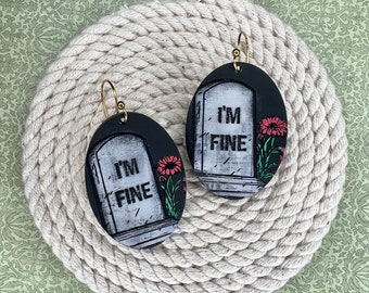 I'm Fine Headstone Earrings SVG File: Funny Laser Cut Design (Commercial Use)