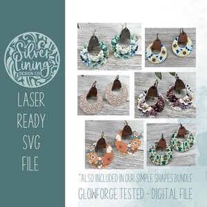 May include: A set of eight laser-cut earring designs featuring various floral and geometric patterns. The earrings are made of wood and have a brown leather accent. The text "LASER READY SVG FILE" is visible in the image.