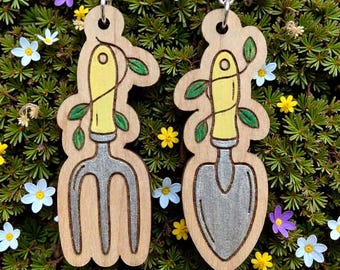 Garden Tool Earrings SVG | Mini Trowel & Fork Earring Laser Cut File | Spring Leafy Vine Earrings | Glowforge xTool | Digital Download