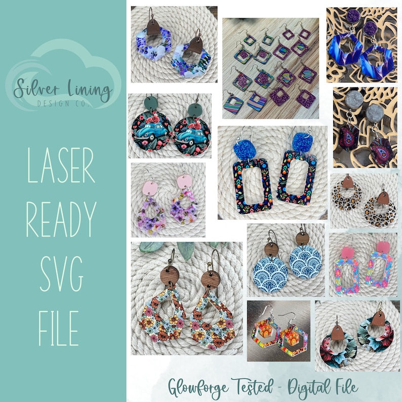 May include: A collage of 12 different earring designs, all laser cut and ready to be made. The earrings are made of wood and feature various patterns and colors, including floral, geometric, and abstract designs. The text "Silver Lining Design Co." and "Laser Ready SVG File" is visible in the image. The text "Glowforge Tested - Digital File" is also visible in the image.