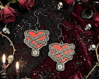Chained Heart Creepy Valentine's Day Earrings SVG Laser Cut File  | Glowforge xTool | Digital Download