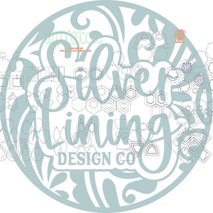 May include: A circular design with a light blue background and a white floral pattern. The text "Silver Lining Design Co." is written in a stylized font.
