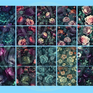 Puede incluir: Un paquete de papel digital con 16 patrones sin costuras que presentan diseños florales oscuros con flores rosas, moradas y azules sobre un fondo negro.
