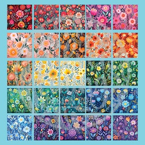 Könnte beinhalten: Eine Sammlung von 25 digitalen Blumenmustern in verschiedenen Farben und Stilen. Die Muster umfassen rote, orange, gelbe, grüne, blaue und violette Blumen.