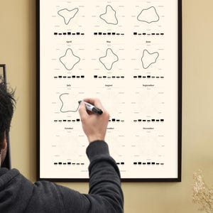Könnte beinhalten: Gerahmter Druck mit dem Text "The shape of a year well lived". Der Druck zeigt monatliche Diagramme mit unterschiedlichen Formen. Eine Person zeichnet mit einem schwarzen Marker auf dem Diagramm.
