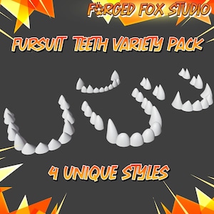 May include: A selection of white fursuit teeth in four unique styles. The image shows several sets of teeth, including sharp fangs and rounded teeth, against a dark grey background. Text at the top reads "Forged Fox Studio" and "Fursuit Teeth Variety Pack."