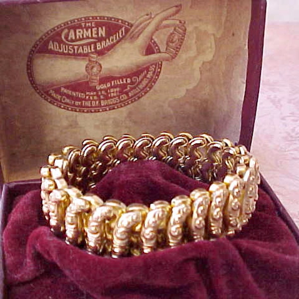 Reserved:  Charming Victorian Era Expandable Bracelet by Carmen in Original Display Box