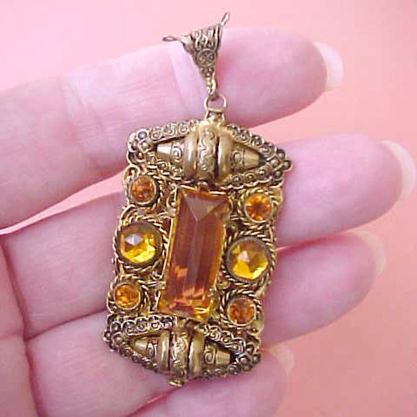 Beautiful Old Czech  Etruscan Style Jewelled Pendant with Warm Topaz Colored Glass "Stones"