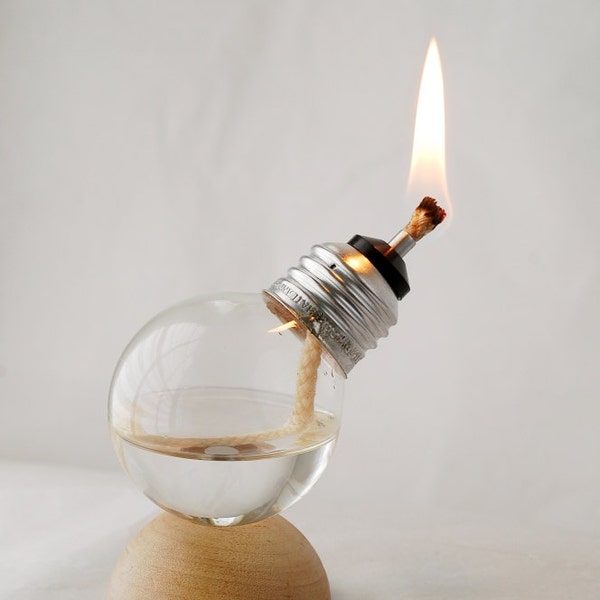 Mini Recycled Light Bulb Oil Lamp on Natural Wood Half Dome Base