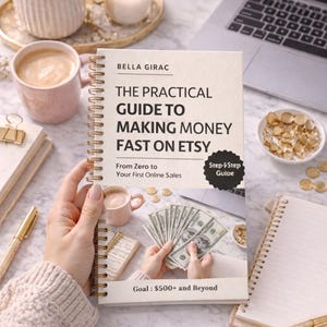 Peut inclure: Un livre à reliure spirale intitulé The Practical Guide to Making Money Fast on Etsy par Bella Girac. La couverture présente du texte, un sous-titre From Zero to Your First Online Sales, un badge Step-by-Step Guide et un objectif de 500+ $.