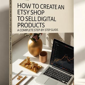 Peut inclure: Un livre intitulé How to Create an Etsy Shop to Sell Digital Products par Bella Girac. La couverture montre un ordinateur portable avec un graphique financier, un plateau doré avec des pièces, un stylo doré, un carnet et un vase doré.