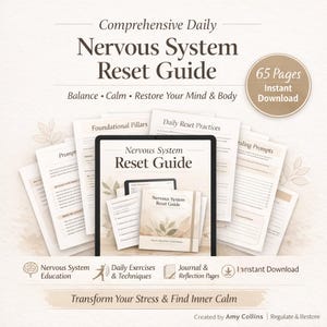 May include: An image of a digital guide titled "Nervous System Reset Guide" with the text "Balance, Calm, Restore Your Mind & Body." The image includes a tablet, a book, and several pages. The guide promises 65 pages and an instant download.