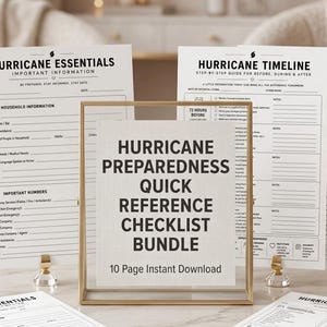 May include: A hurricane preparedness quick reference checklist bundle featuring multiple white paper sheets with black text. The central sign reads Hurricane Preparedness Quick Reference Checklist Bundle 10 Page Instant Download, surrounded by various informational forms.