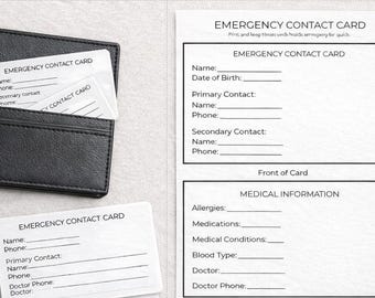Emergency Contact Cards | Wallet Medical Information Binder Printables