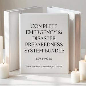May include: A white binder with the text "COMPLETE EMERGENCY & DISASTER PREPAREDNESS SYSTEM BUNDLE" and "50+ PAGES". The binder is surrounded by other white binders and lit candles.