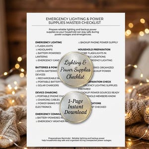 May include: A white checklist titled "Emergency Lighting & Power Supplies Master Checklist" with a list of items. Two circular badges read "Lighting & Power Supplies Checklist" and "1-Page Instant Download."