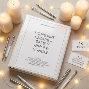 May include: A white binder labeled "HOME FIRE ESCAPE & SAFETY BINDER BUNDLE" with included checklists and plans. The image also shows pens, candles, and cards with the text "18 Pages" and "FREE Bonus Emergency Fridge Sheets and Emergency Cards."