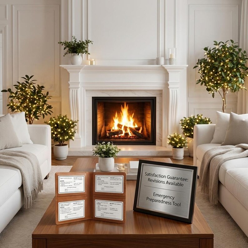 May include: A living room scene with a fireplace and two white sofas. A wooden display with four cards and a black framed sign that reads "Satisfaction Guarantee: Revisions Available" and "Emergency Preparedness Tool" are on a wooden coffee table.
