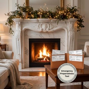 May include: A cozy living room scene with a marble fireplace adorned with greenery and fairy lights. Two brown leather organizers on a wooden table hold emergency preparedness cards. The fireplace has a burning fire.