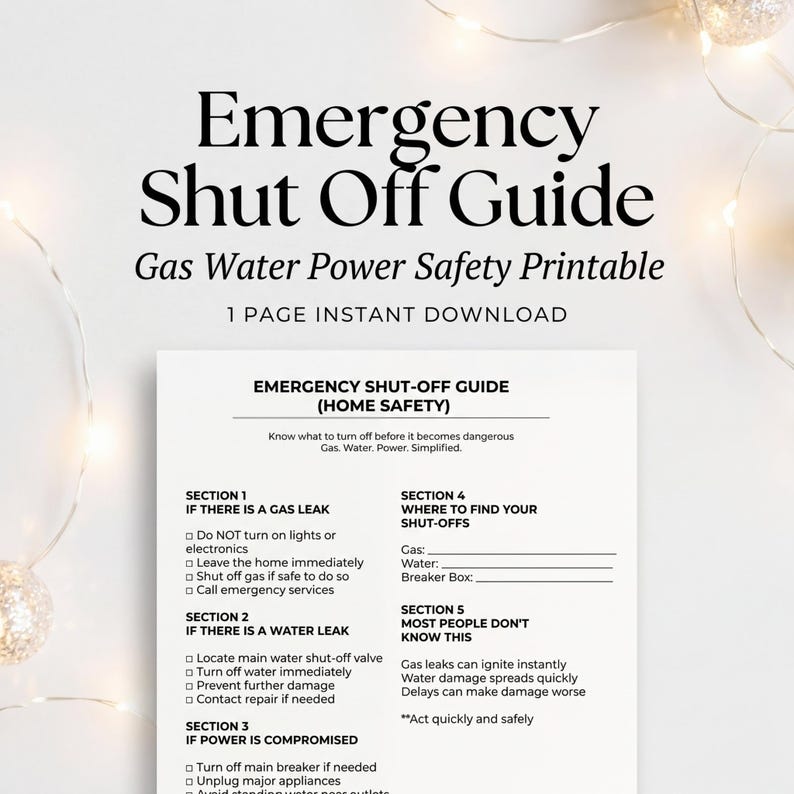 Shut Line Printable Emergency Shut off Guide, Gas Water Power Safety Printable, Home ...