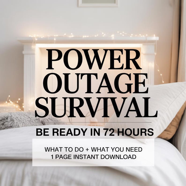 Puede incluir: Imagen con texto: "POWER OUTAGE SURVIVAL, BE READY IN 72 HOURS, WHAT TO DO + WHAT YOU NEED, 1 PAGE INSTANT DOWNLOAD." El texto est&aacute; en negrita, en negro. El fondo incluye una chimenea blanca, luces de hadas y una cama con almohadas blancas.