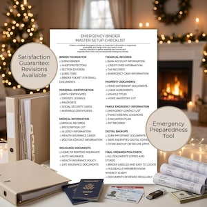 May include: An emergency binder checklist with a beige binder, passports, and medical ID card. The checklist includes sections for financial records, property documents, and digital backups. Text on the image reads "Emergency Binder Master Setup Checklist."