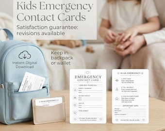 Kids Emergency Contact Cards | Child Safety Information (Digital Download)