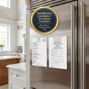 May include: A refrigerator with a gold-rimmed, navy blue circular sign that reads "Satisfaction Guarantee: Revisions Available Emergency Preparedness Tool." Two white sheets with black text are attached to the refrigerator. One sheet is labeled "Emergency Quick Fill-In Page."
