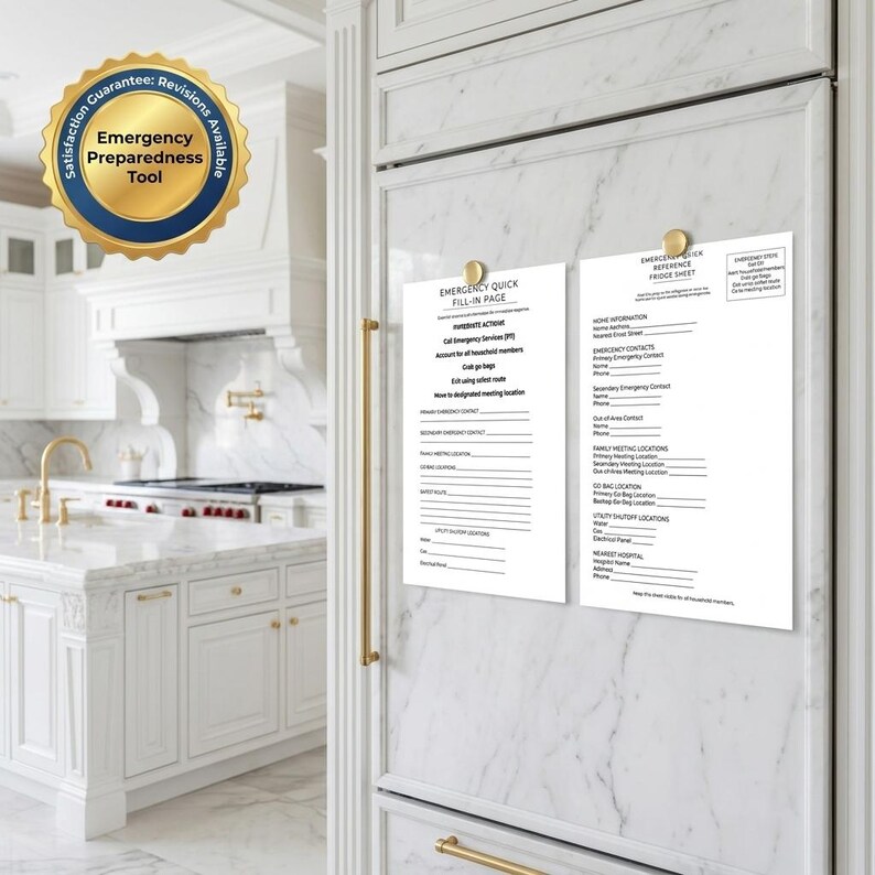 May include: Two white emergency preparedness sheets are attached to a marble refrigerator with gold-colored magnets. The sheets contain fill-in-the-blank sections for emergency contacts and meeting locations. A gold-colored badge in the upper left corner reads "Emergency Preparedness Tool."