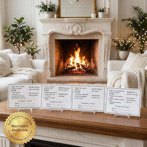May include: A set of white cards with black text, displayed on clear stands. The cards provide emergency preparedness action steps. A gold seal with text is in the foreground. The background features a fireplace and cozy living room.