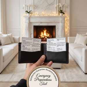 May include: A black leather wallet holds several cards with emergency preparedness instructions. The cards include action steps and reminders. The image also features a round emblem with the text "Emergency Preparedness Tool".