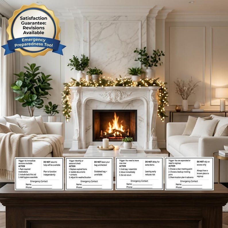 May include: An emergency preparedness tool with a gold seal that reads "Satisfaction Guarantee: Revisions Available." The tool includes cards with instructions and the text "Emergency Preparedness Tool."