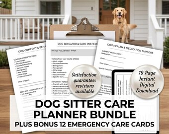 Dog Sitter Care Planner Bundle | 19-Page Organizer, 12 Emergency Cards (Digital Download)
