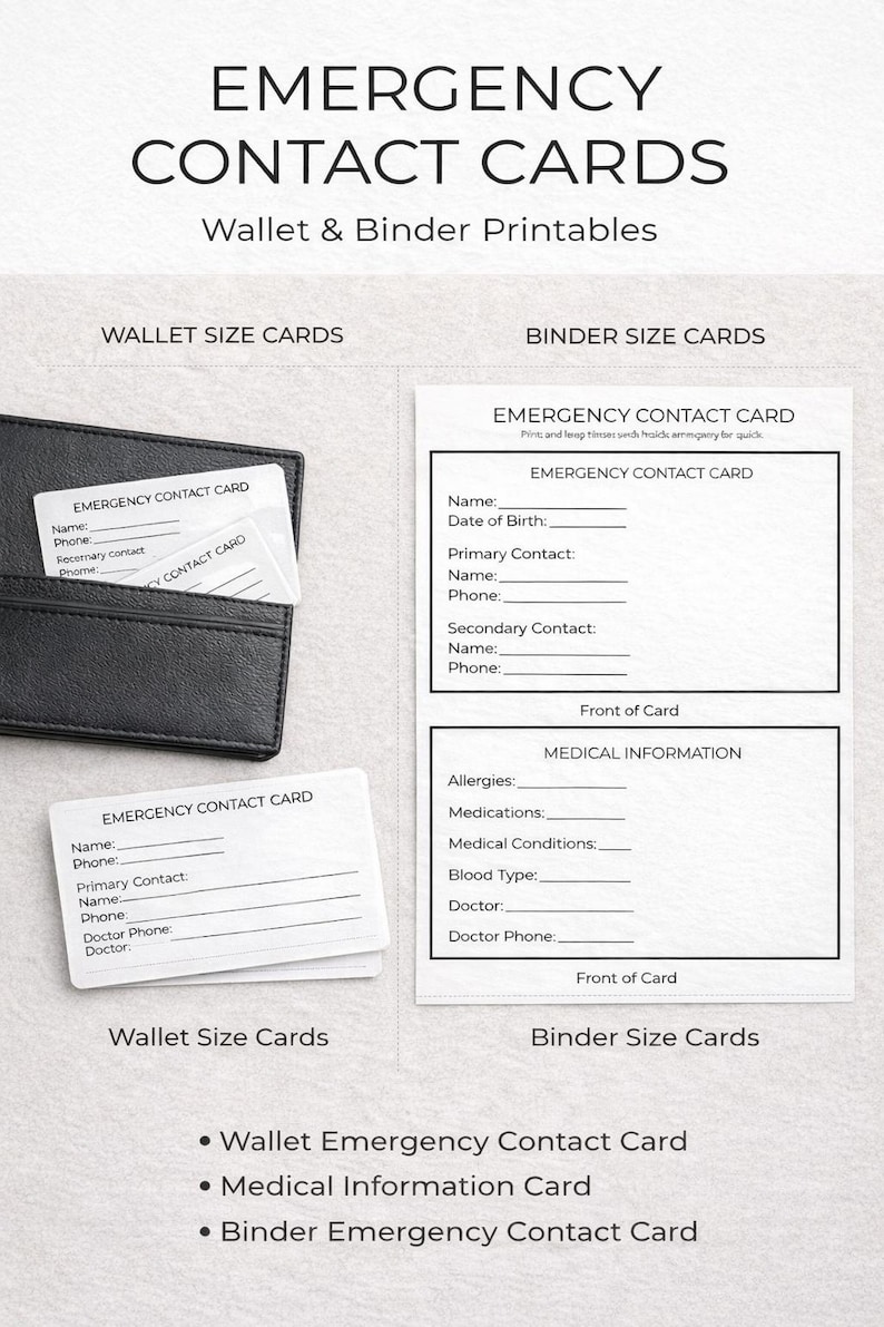 Emergency Contact Cards | Wallet Medical Information Binder Printables ...