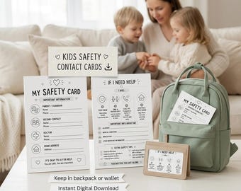Kids Safety Contact Cards | Emergency Information Printable (Digital Download)
