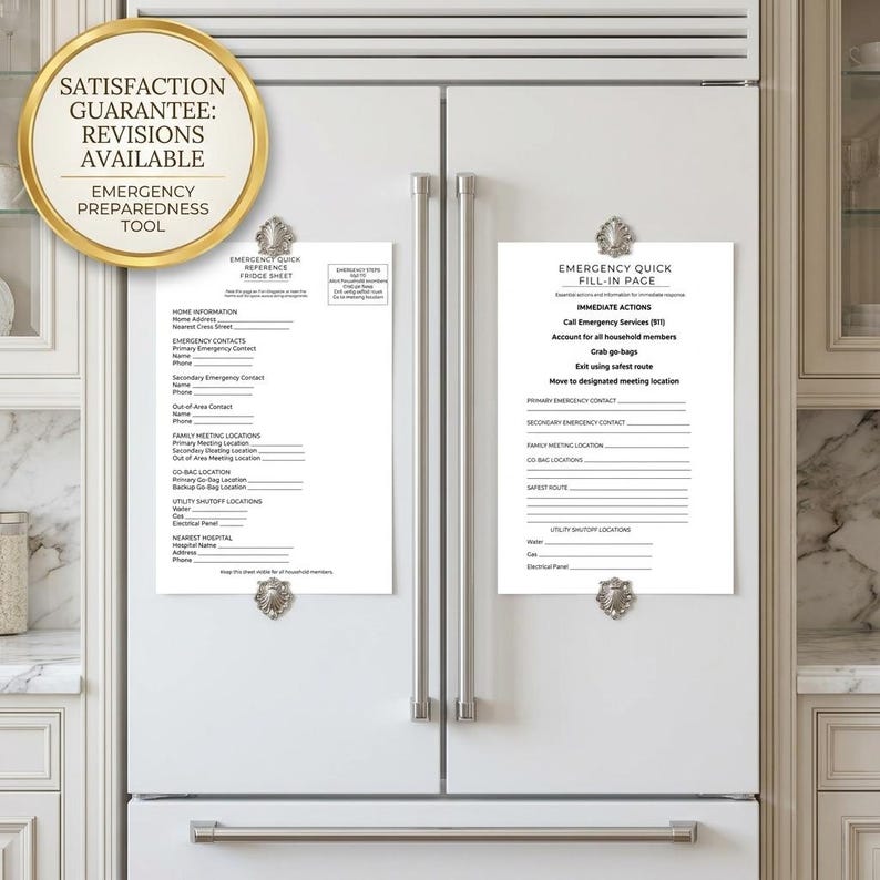 May include: White refrigerator with two emergency preparedness documents attached with decorative magnets. The documents include fill-in-the-blank sections for emergency contacts and immediate actions. A gold-framed sticker reads "Satisfaction Guarantee: Revisions Available."