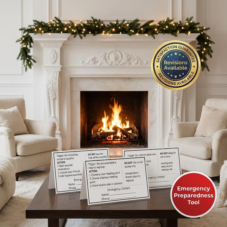 May include: A cozy living room scene with a fireplace, decorated with a garland and lights. Several white cards with emergency preparedness instructions are on a dark brown table. A gold seal reads "Revisions Available."