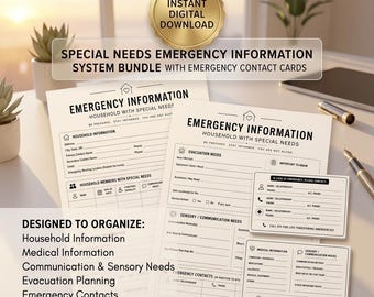 Special Needs Emergency Information System Binder Printable Caregiver Emergency Planner Medical Information Sheets | Emergency Contact Cards