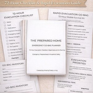 May include: A collection of printable emergency preparedness documents, including a 72-hour go-bag planner, checklists, and inventory sheets. The documents cover evacuation, disaster preparedness, and survival planning.