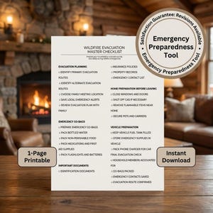 以下が含まれることがあります： 計画、非常用バッグ、車両準備のセクションがある、印刷可能な山火事避難マスターチェックリスト。「Emergency Preparedness Tool」と「Instant Download」の文字が含まれています。